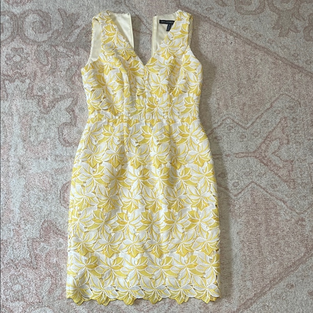 White House Black Market Yellow and White Plunge Sheath Midi Dress